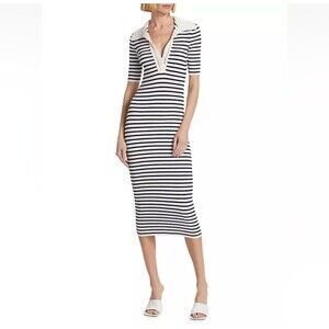 NEW Caroline Constas Ribbed Knit Crochet V-Neck‎ Navy Ivory Stripe Dress Small